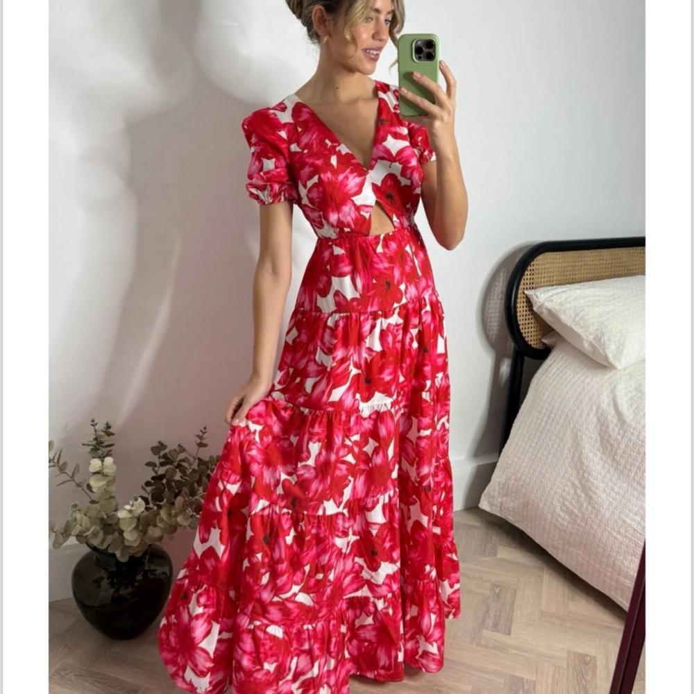 ASOS Red Puff Sleeve V-Neck Maxi Dress